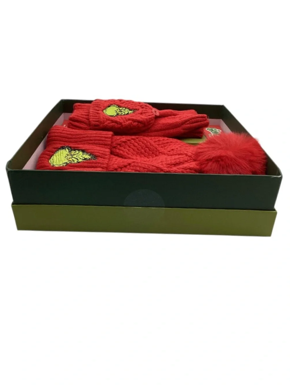 The Grinch Beanie with Faux Fur Pom and Embroidered Gloves Boxed Set (NWT)